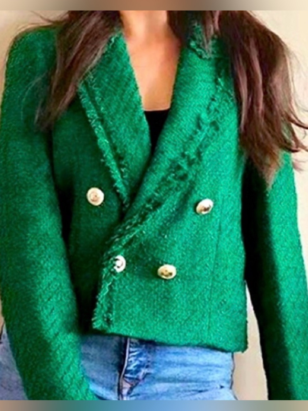 ZARA Emerald Green Textured Double-Breasted Cropped Blazer Size S